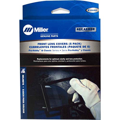 Miller Electric Pro-Hobby Series Front Cover Lens Pack of 5 packaging, includes replacement lens covers for welding helmets.