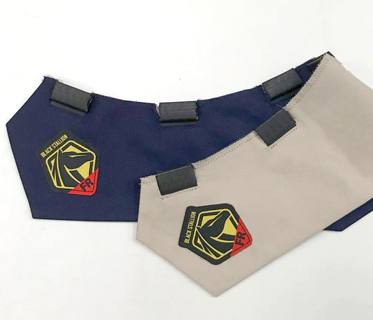 Black Stallion AH2140-NS FR Wraparound Helmet Bib showcasing its innovative design for enhanced protection against sparks and UV rays, perfect for welders.