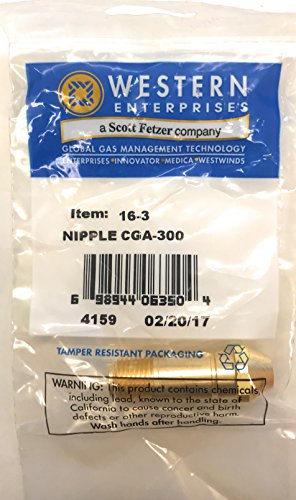 Packaging of Western Enterprises 16-3 Nipple CGA-300, featuring product details and a tamper-resistant seal, suitable for industrial gas use.