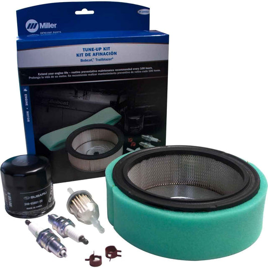 Miller 199062 Tune-Up Filter Kit including essential maintenance parts for Robin EH64/EH65 Engines, featuring spark plugs and air filter, displayed with product packaging.