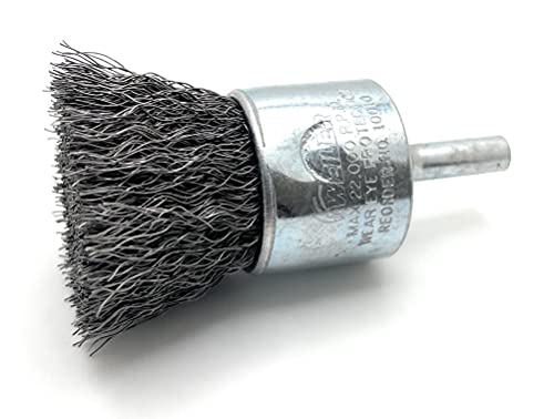 Weiler 10010 1-Inch Crimped Wire End Brush .0104" Steel, ideal for heavy-duty cleaning, shown in close-up with fine steel bristles for effective surface preparation.