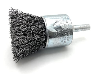 Weiler 10010 1-Inch Crimped Wire End Brush .0104" Steel, ideal for heavy-duty cleaning, shown in close-up with fine steel bristles for effective surface preparation.