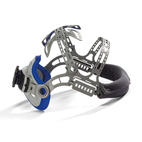 Miller Electric Gen IV Headgear featuring a pivoting back pad and adjustable straps designed for enhanced comfort and secure fit during downward applications.