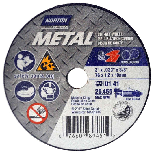Norton 7660789451 3X.035x3/8 in. Metal AO Small Diameter Reinforced Cut-Off Wheel, Type 01/41, with a grit rating of 60, ideal for precision cutting in metal fabrication.