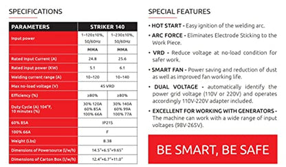 Weldcote Metals Striker 140 Inverter Stick welder 110v/220v Input power