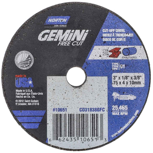 Norton 10651, Type 01 Gemini Cut-Off Wheels, 3"x1/8"x3/8", Pack of (25)