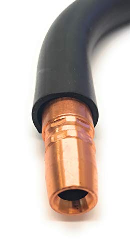 Close-up view of the Tweco FVCTS22060 16201108 Conductor Tube Assembly, showcasing the copper end connection and flexible rubber tube design, designed for Fusion MIG guns.