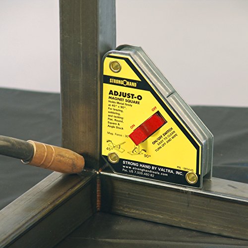 Strong Hand Tools ADJUST-O Magnet Square in use, demonstrating its efficiency while holding metal pieces for welding, with an easy-to-use On/Off switch and a sturdy build.