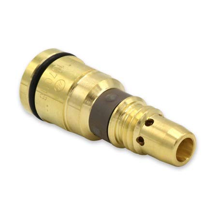 Close-up image of a brass nozzle from the Miller 1070116 M-25 MIG Gun Conversion Kit to MDX-250 by Bernard Welding, showcasing its compatibility with modern MDX style consumables.