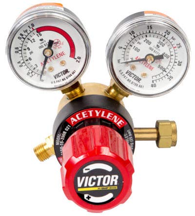 Victor G150-15-200 Acetylene Regulator showcasing dual gauges for pressure monitoring, featuring a robust brass body and ergonomic color-coded pressure adjusting knob, ideal for welding and fabrication applications.