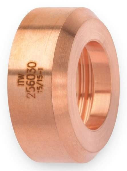 Close-up of the Miller Electric Plasma Cutter Torch Deflector 256030, showcasing its durable copper construction designed for optimal performance and protection in plasma cutting applications.