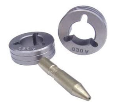 Profax PX079596 Miller Style V-Groove Drive Roll Kit for .045" Wire featuring two drive rolls and a guide tube, ideal for use with various welding systems including Millermatic and Swingarc feeders.