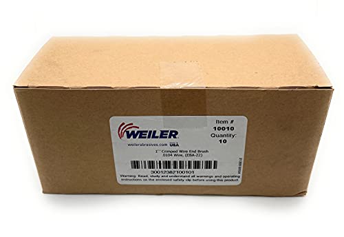Weiler 10010 1-Inch Crimped Wire End Brush packaging, containing a pack of 10, showcasing the product details and safety warnings.