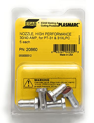 ESAB 20860 30 Amp Plasma Cutting Tips for PT-31XT - Pack of 5 high-performance nozzles displayed in packaging, highlighting essential specifications and features.