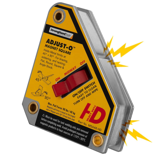 Strong Hand Tools ADJUST-O Magnet Square with On/Off switch, featuring a design for precise angle holding at 45 and 90 degrees, showcasing its heavy-duty construction and 160 lbs pulling power.