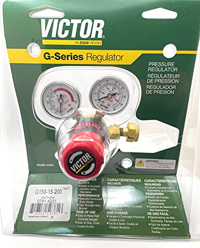 Victor G150-15-200 Acetylene Regulator with packaging, highlighted as part of the G-Series Regulator line, designed for durability and precision in gas pressure regulation for welding and fabrication projects.