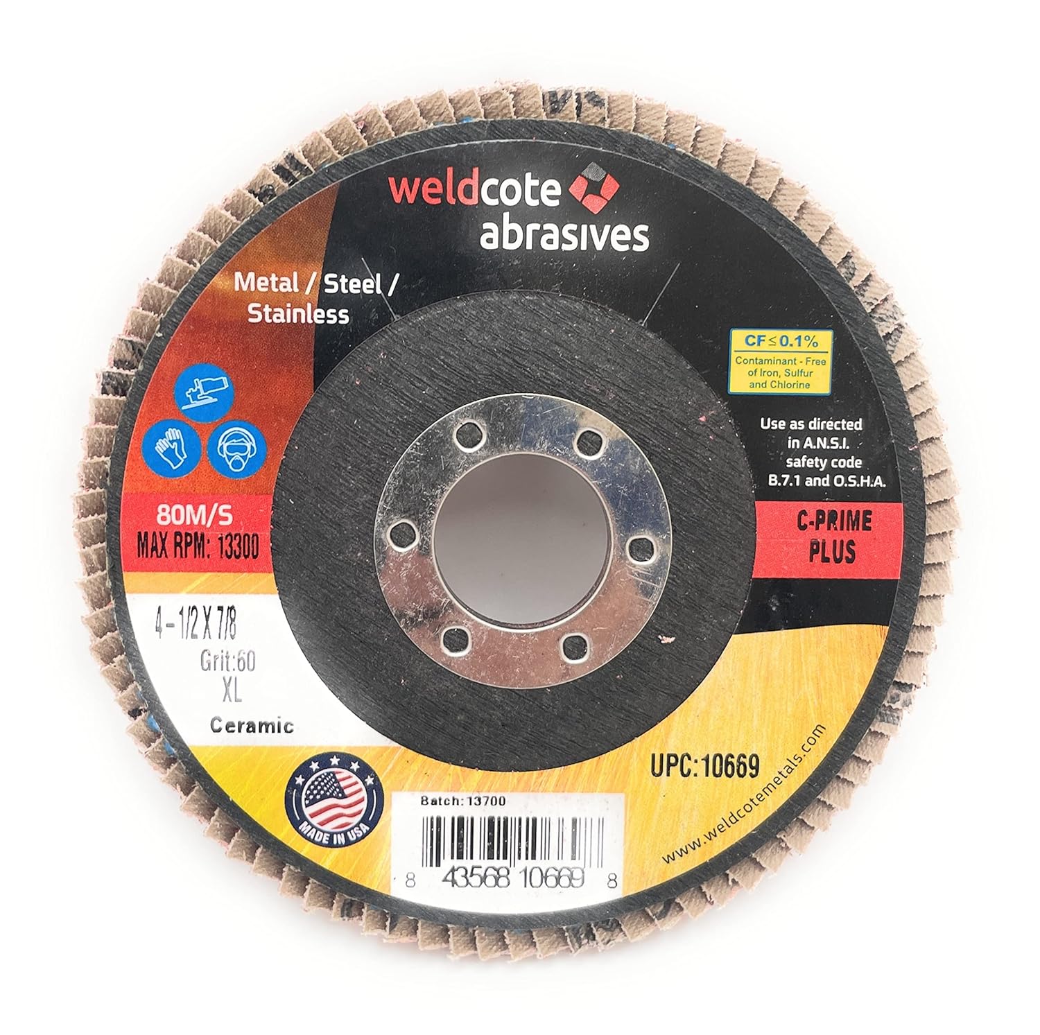 Weldcote Metals Weldcote XL 4.5" Flap Disc featuring C-Prime Ceramic design, 60 grit, 7/8" arbor, suitable for heavy duty grinding, showing packing illustration, 10 pack.