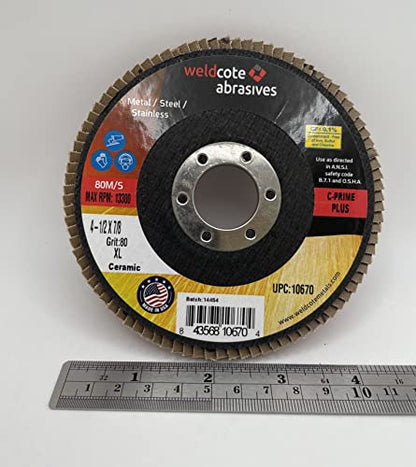 Weldcote 10670 XL Flap Discs showcasing the ceramic build, 4.5" size, 80 grit, 7/8" arbor, ideal for metal and stainless steel, provided by Weldcote Metals.