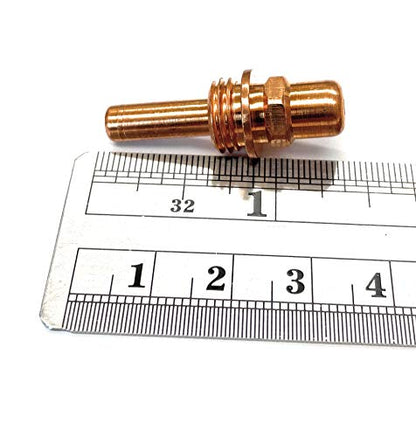 Profax PX120433 Hypertherm Style 60 Amp Electrode for PAC160 Torch - Pack of 5, displayed next to a ruler for size reference.