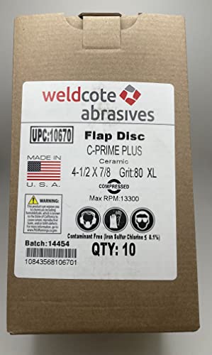 Weldcote Metals Weldcote 10670 XL Flap Disc packaging displaying product details, including C-Prime Ceramic, 4-1/2" size, 80 Grit, 7/8" Arbor, and 10 pack information.