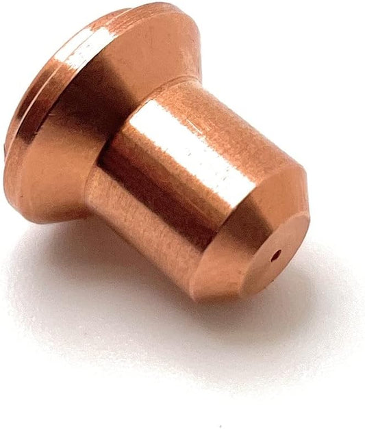 Close-up view of a copper extended nozzle from Profax, part of the PX120504 Extended Nozzle Pack of 5, 25 Amp for Powermax350 & Powermax380 Hand Torches.