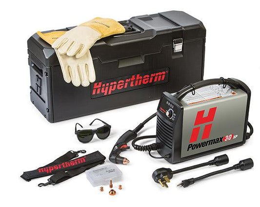 Hypertherm Powermax30 XP Building America Edition Hand Plasma System with case, gloves, cutting glasses, and accessories showcasing a portable plasma cutting system. Plasma Equipment.