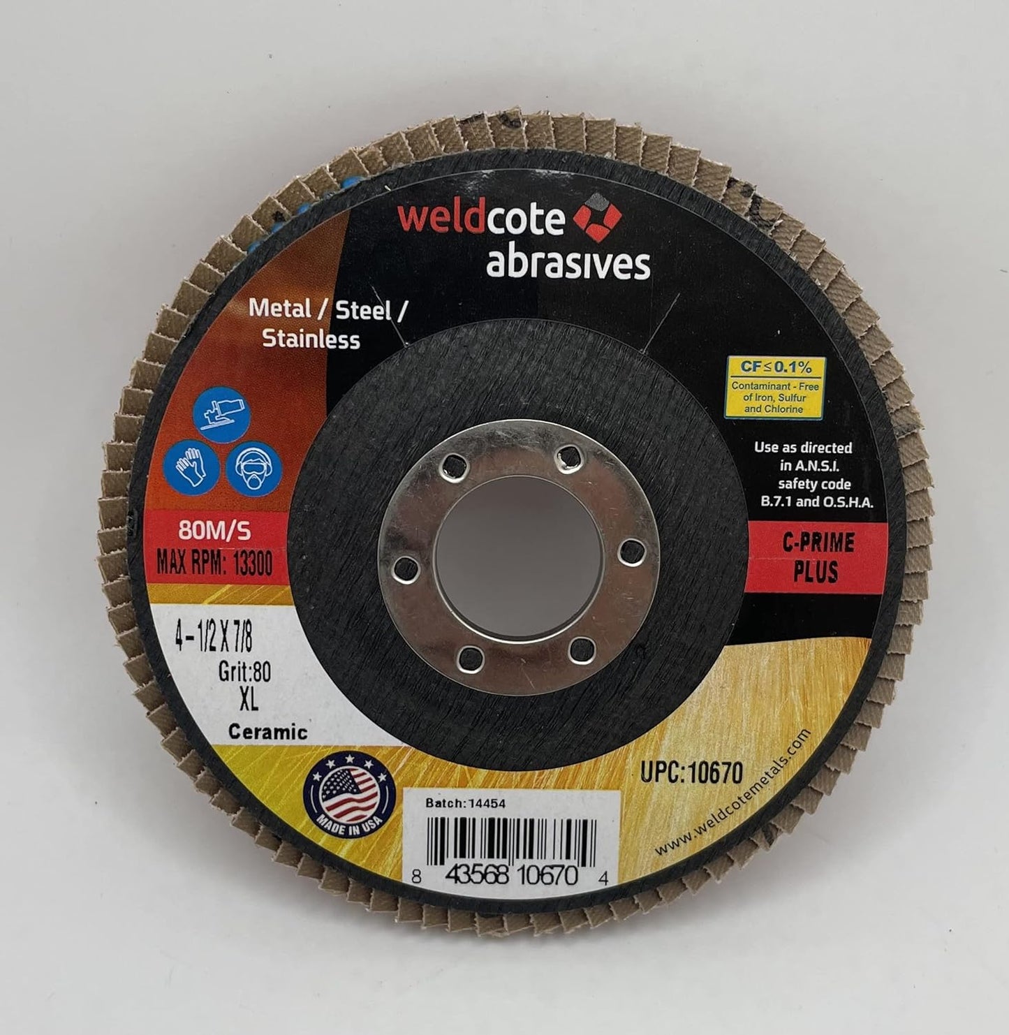Weldcote 10670 XL Flap Discs featuring C-Prime Ceramic material, 4.5" diameter, 80 grit, 7/8" arbor, designed for metal and stainless steel applications, vendor Weldcote Metals.