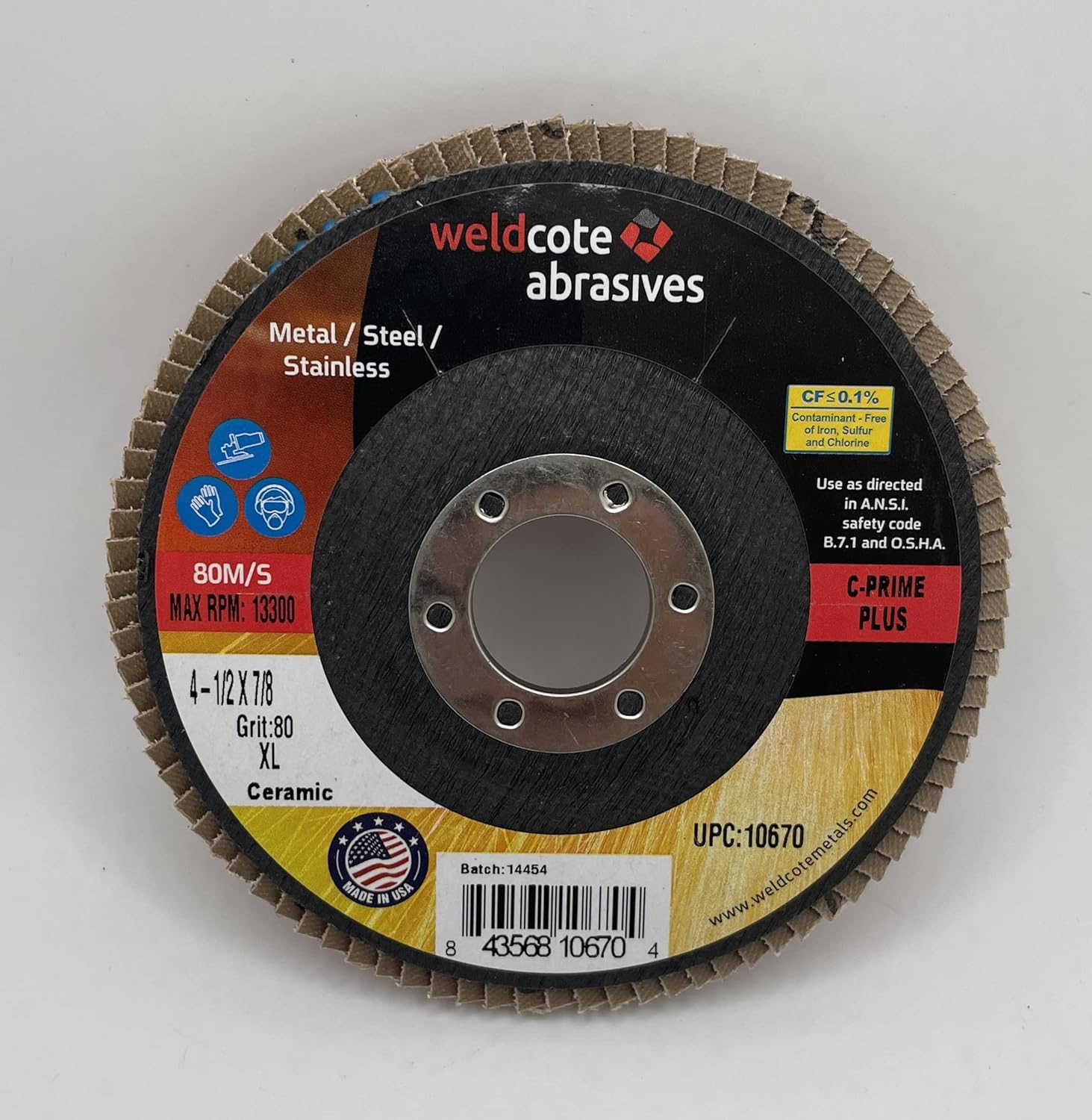 Weldcote 10670 XL Flap Discs featuring C-Prime Ceramic material, 4.5" diameter, 80 grit, 7/8" arbor, designed for metal and stainless steel applications, vendor Weldcote Metals.