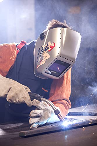 Welder using Jackson Safety 16622 NexGen 3-In-1 Digital ADF Cartridge helmet while welding, demonstrating the helmet's functionality and safety features in action.