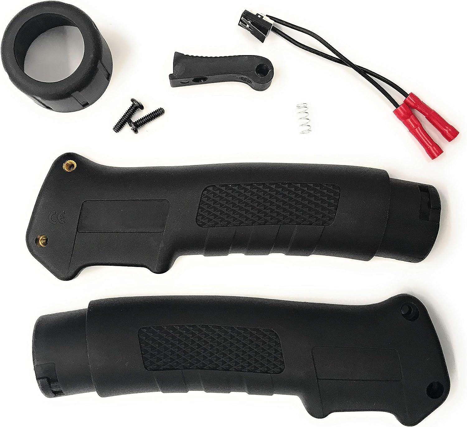 Tweco F80 20202025 Handle Trigger Repair Kit components including two handle grips, screws, and wiring connectors; essential replacement part for welding equipment by Tweco.