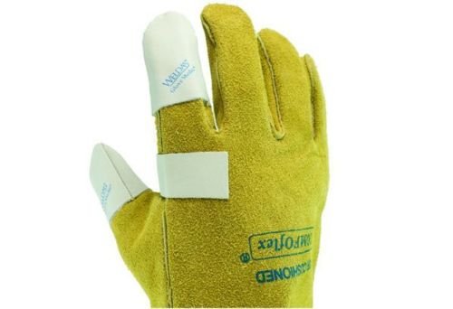 Weldas Glove Medic Leather Repair Patch Kit 10-1911 applied on a welding glove demonstrating effective leather repair and customization.
